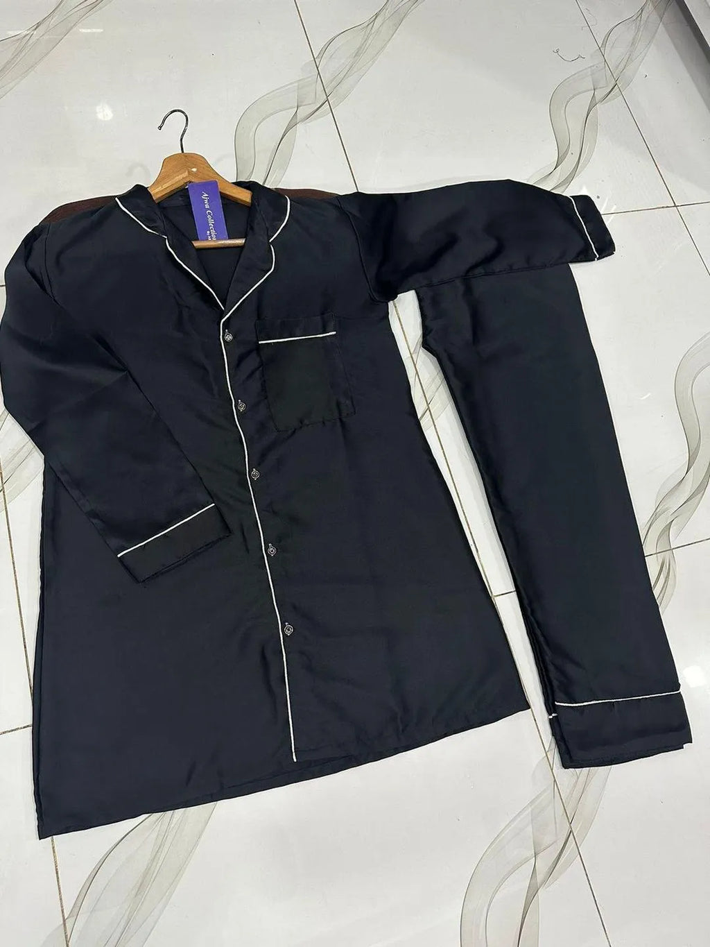 Black Silk 2Pcs Night Suit With Piping