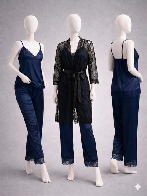 3 Pcs Women's Stitched Silk Lace-Work Night Suit / Net 3 Pcs Nighty For Women