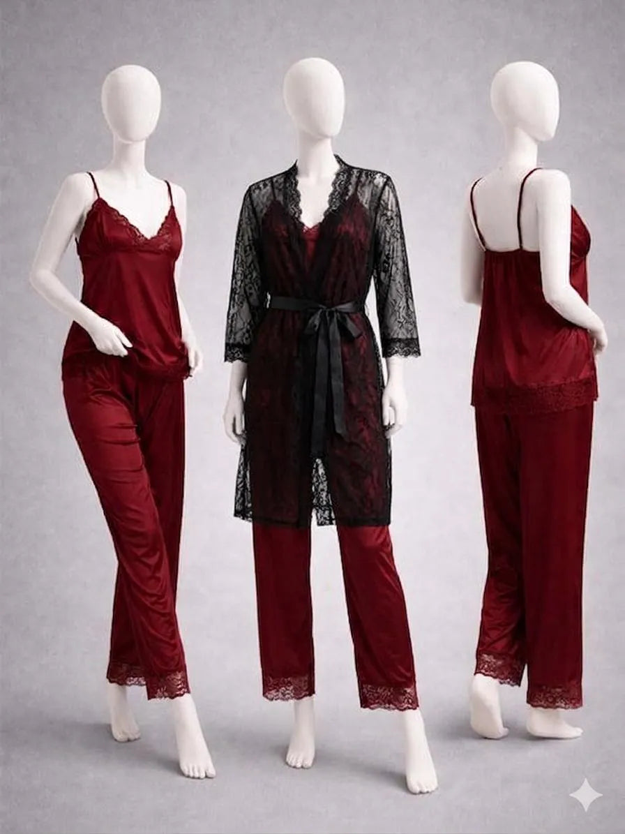 3 Pcs Women's Stitched Silk Lace-Work Night Suit / Net 3 Pcs Nighty For Women