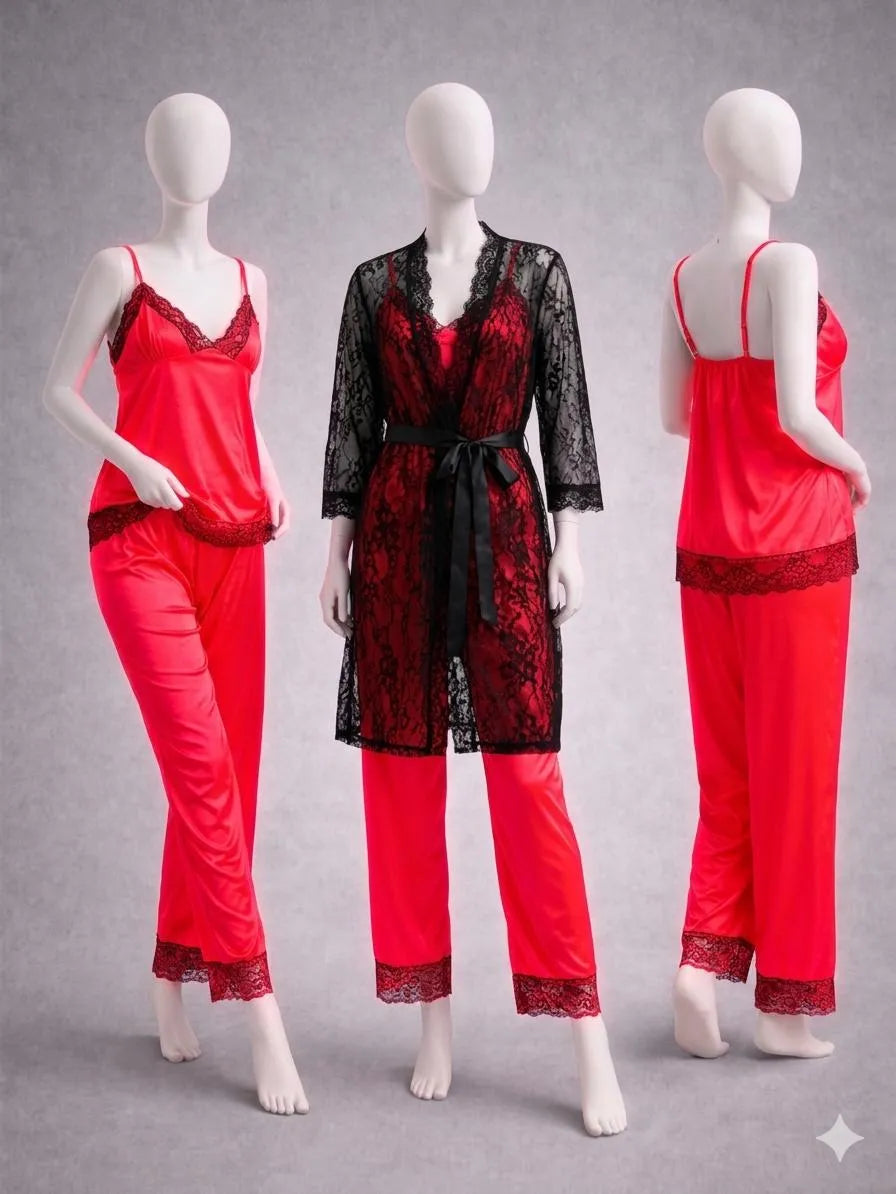 3 Pcs Women's Stitched Silk Lace-Work Night Suit / Net 3 Pcs Nighty For Women