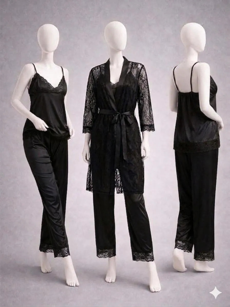3 Pcs Women's Stitched Silk Lace-Work Night Suit / Net 3 Pcs Nighty For Women