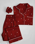 Women Silk Heart Print Night Suit Red Maroon 2 Pcs