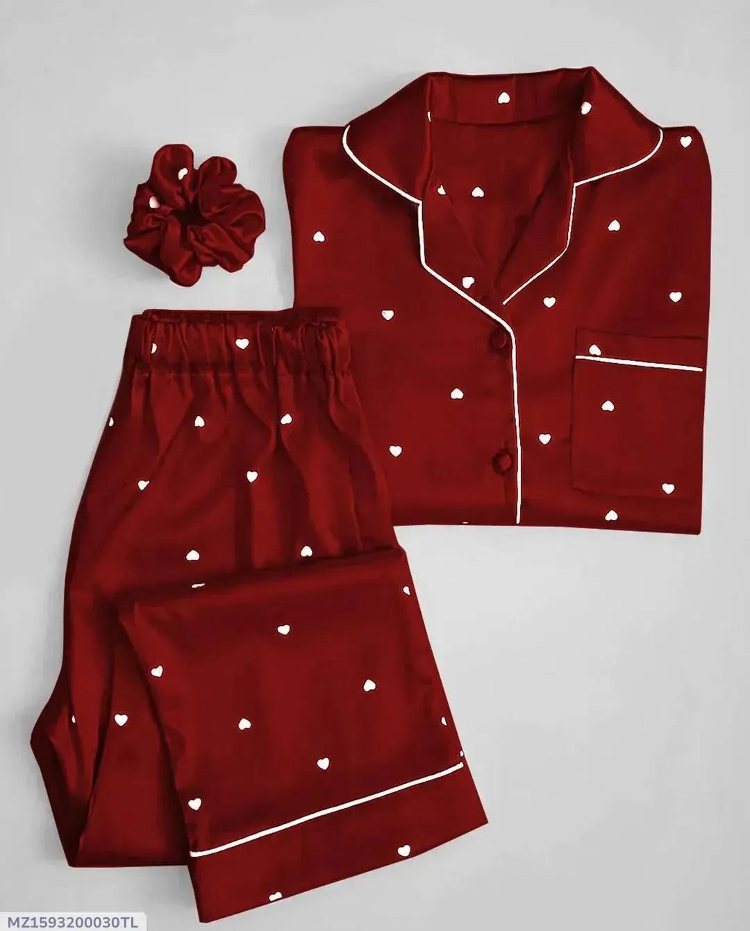 Women Silk Heart Print Night Suit Red Maroon 2 Pcs