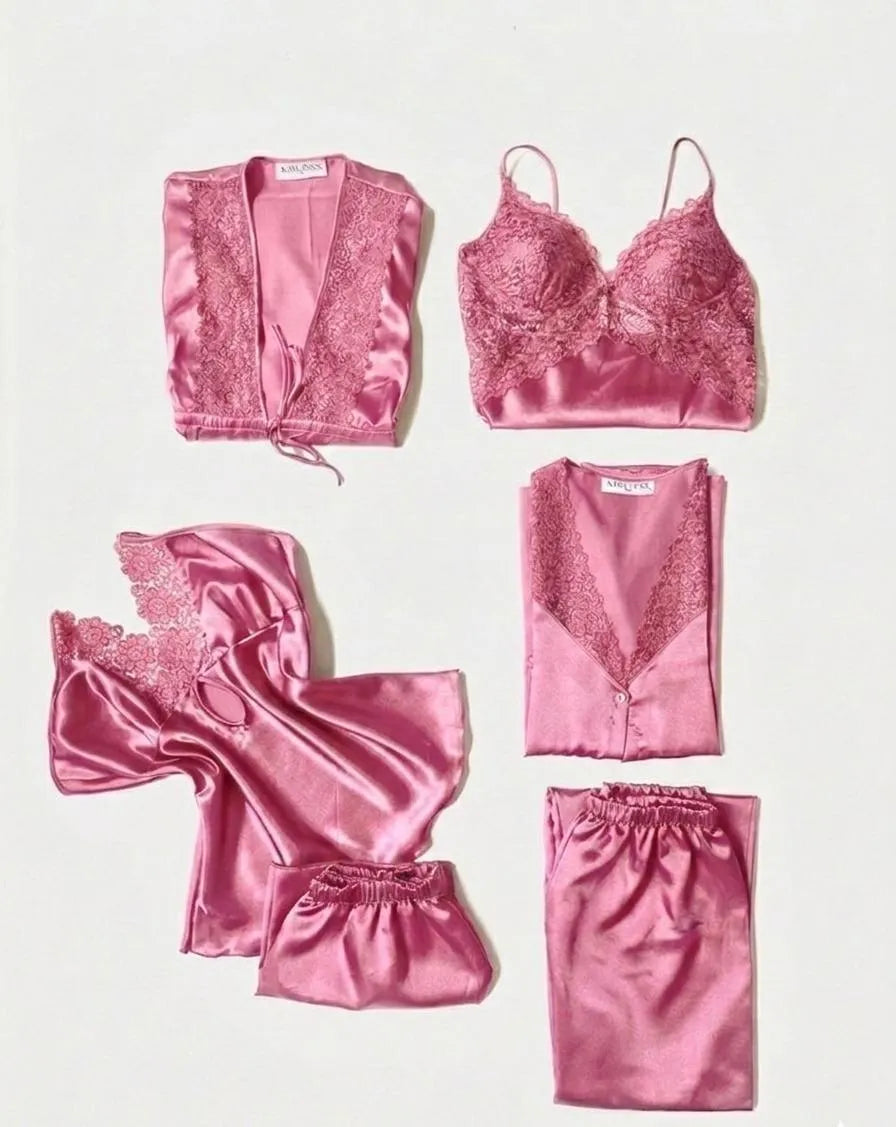 5 Pcs Women Silk Lace Night Suit Set Pink