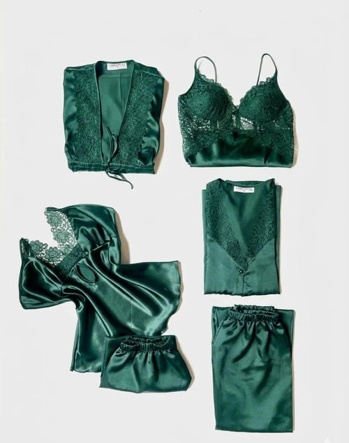 5 Pcs Women Silk Lace Night Suit Set Pink